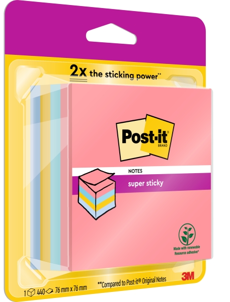 Post-It Super Sticky Cubo de 400 Notas Adhesivas Reposicionables - Colores Arcoiris - 76x76mm - Colores Surtidos
