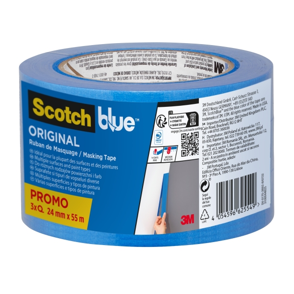 Scotchblue Original Pack de 3 Cintas de Enmascarar - 24mm x 55m - 100% PEFC - Multisuperficie - Color Azul