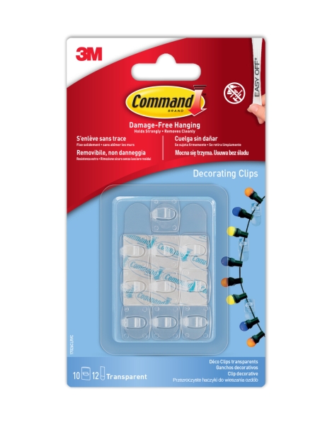 Command Pack de 10 Ganchos para Luces - Sujeccion de Clip - 12 Tiras Adhesivas - Color Transparente