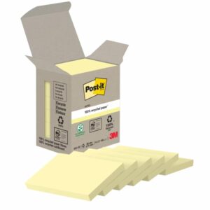 Post-It Pack de 6 Blocs de 100 Notas Adhesivas Recicladas - Forma Rectangular - 51x38mm - Color Amarillo Claro