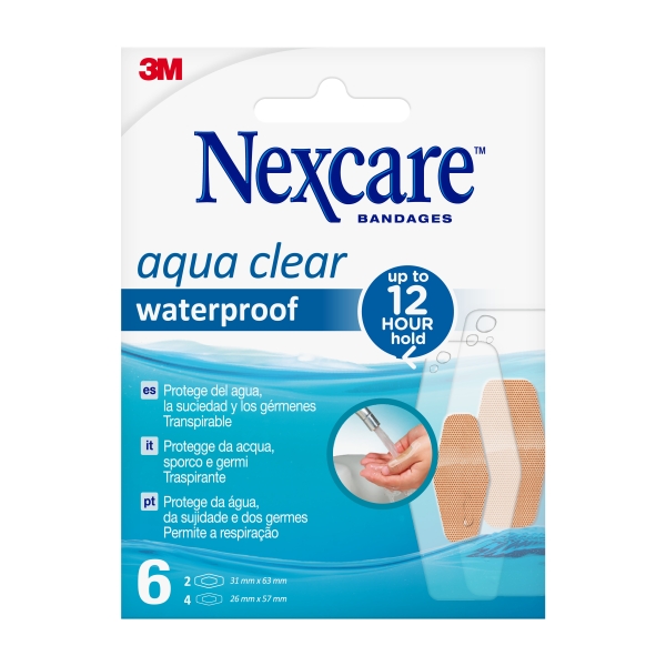 Nexcare Aqua Clear Waterproof Pack de 6 Apositos Surtidos - Impermeable - Resistente al Agua - Color Transparente
