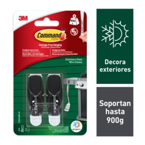 Command Pack de 2 Ganchos para Exterior - 2 Tiras Adhesivas - Soporta hasta 0.9kg - Punta Metalizada - Color Negro