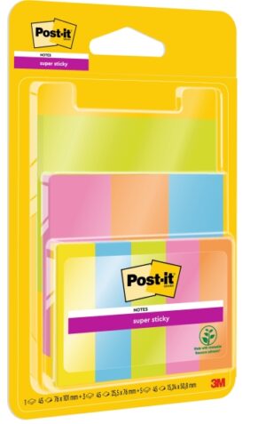 Post-It Super Sticky Pack de 9 Blocs de 45 Notas Adhesivas Reposicionables - 100% PEFC - Colores Surtidos