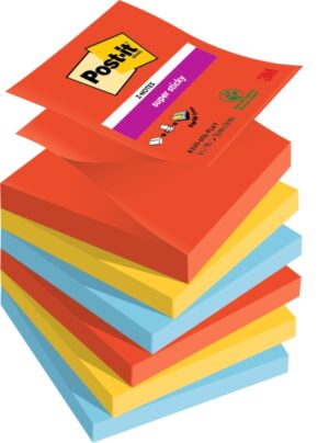 Post-It Super Sticky Pack de 6 Blocs de 90 Notas Adhesivas Reposicionables - Forma Cuadrada - 76x76mm - en Zig-Zag - Colores Surtidos