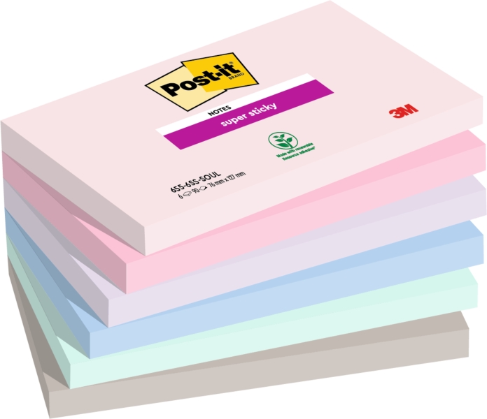 Post-It Super Sticky Pack de 6 Blocs de 90 Notas Adhesivas Reposicionables - Forma Rectangular - 127x76mm - Colores Surtidos