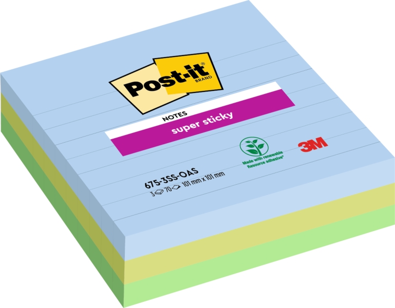 Post-It Super Sticky Pack de 3 Blocs de 70 Notas Adhesivas Reposicionables - Forma Cuadrada - 101x101mm - Colores Surtidos