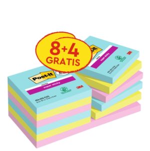 Post-It Super Sticky Pack de 12 Blocs de 90 Notas Adhesivas Reposicionables - Coleccion Cosmic - 76x76 mm - + 4 Gratis - Colores Surtidos