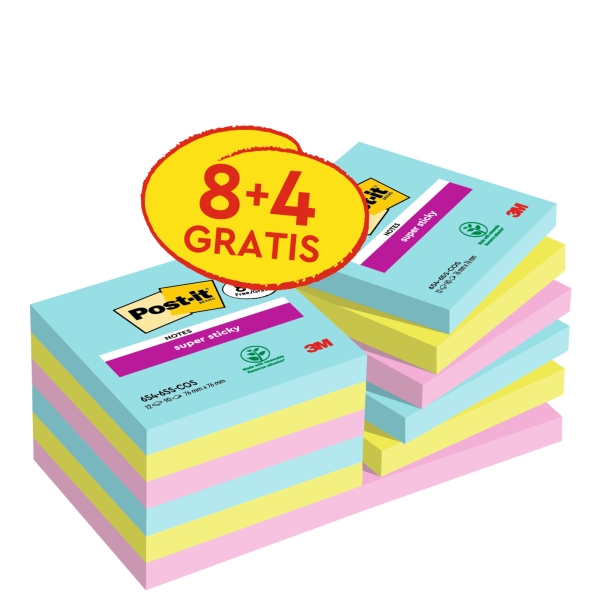 Post-It Super Sticky Pack de 12 Blocs de 90 Notas Adhesivas Reposicionables - Coleccion Cosmic - 76x76 mm - + 4 Gratis - Colores Surtidos