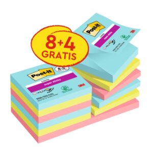 Post-It Super Sticky Pack de 12 Blocs de 90 Z-Notas Adhesivas Reposicionables - Coleccion Cosmic - 76x76 mm - Promocion 8 Blocs + 4 Gratis - Colores Surtidos