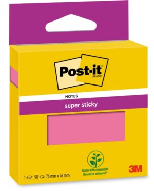 Post-It Super Sticky Bloc de 90 Notas Adhesivas Reposicionables - 76x76mm - 100% PEFC - Color Rosa