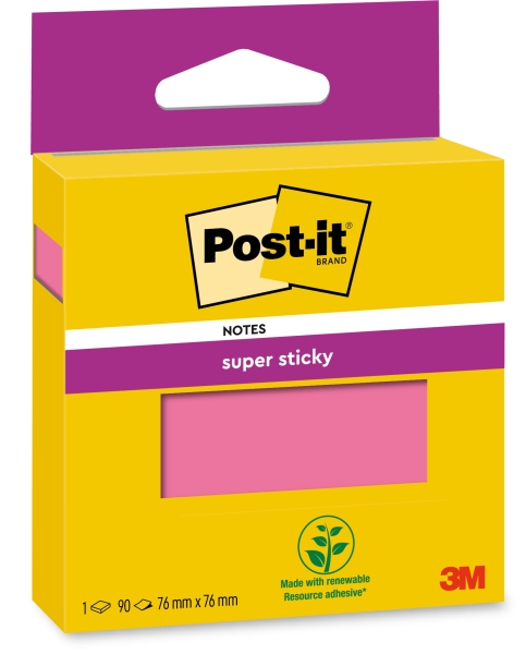 Post-It Super Sticky Bloc de 90 Notas Adhesivas Reposicionables - 76x76mm - 100% PEFC - Color Rosa
