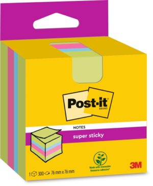 Post-It Super Sticky Cubo de 300 Notas Adhesivas Reposicionables - 76x76mm - 100% PEFC - Colores Surtidos