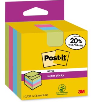 Post-It Super Sticky Cubo de 300 Notas Adhesivas Reposicionables - 76x76mm - 100% PEFC - Colores Surtidos
