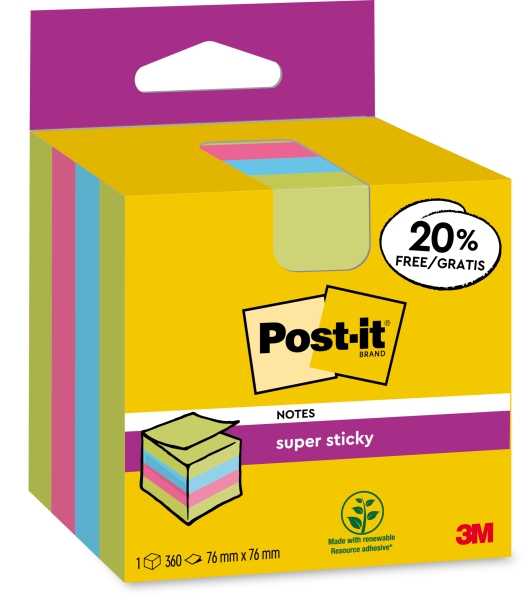 Post-It Super Sticky Cubo de 300 Notas Adhesivas Reposicionables - 76x76mm - 100% PEFC - Colores Surtidos