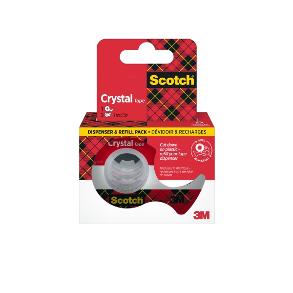 Scotch Crystal Pack de 3 Cintas Adhesivas - 19mm x 7.5m - Incluye Dispensador - Color Transparente