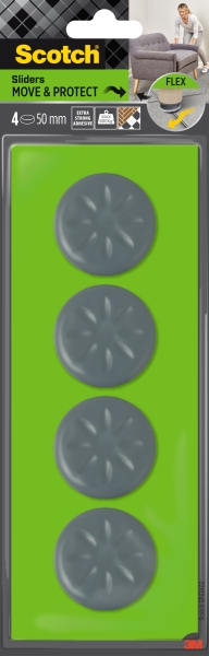 Scotch Move and Protect Flex Pack de 4 Patines Deslizantes Adhesivos - Diametro de 50mm - Soporta hasta 400kg - Color Gris