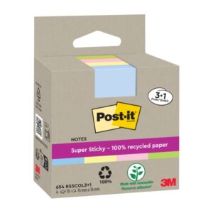 Post-It Super Sticky Pack de 4 Blocs de 70 Notas Adhesivas Recicladas - Forma Cuadrada - 76x76mm - Colores Surtidos