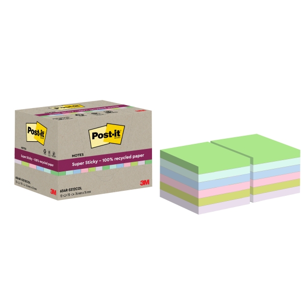 Post-It Super Sticky Pack de 12 Blocs de 70 Notas Adhesivas Recicladas - Forma Cuadrada - 76x76mm - Colores Surtidos