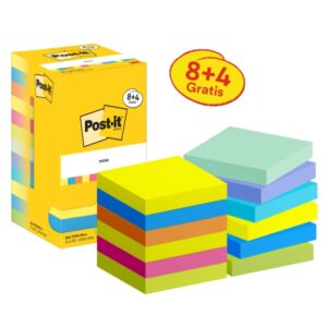 Post-It Pack de 12 Blocs de 90 Notas Adhesivas Reposicionables - Forma Cuadrada - 76x76mm - Colores Surtidos