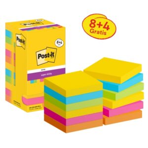 Post-It Super Sticky Pack de 12 Blocs de 90 Notas Adhesivas Reposicionables - Forma Cuadrada - 76x76mm - Colores Surtidos