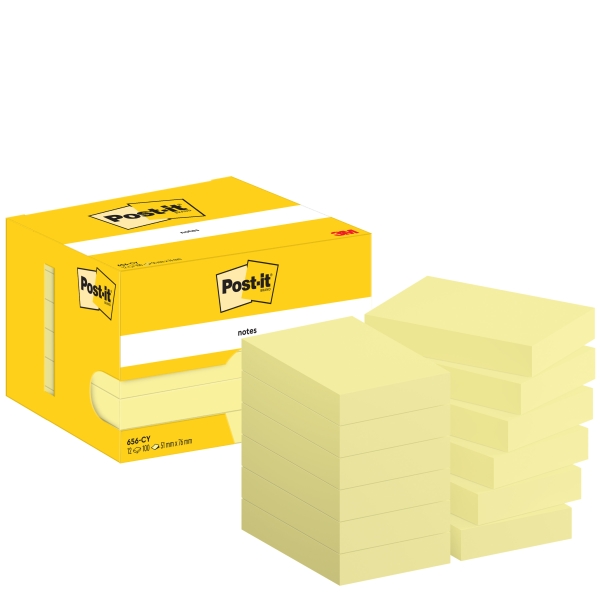 Post-It Pack de 12 Blocs de 100 Notas Adhesivas Reposicionables - Forma Rectangular - 51x76mm - Color Amarillo Claro