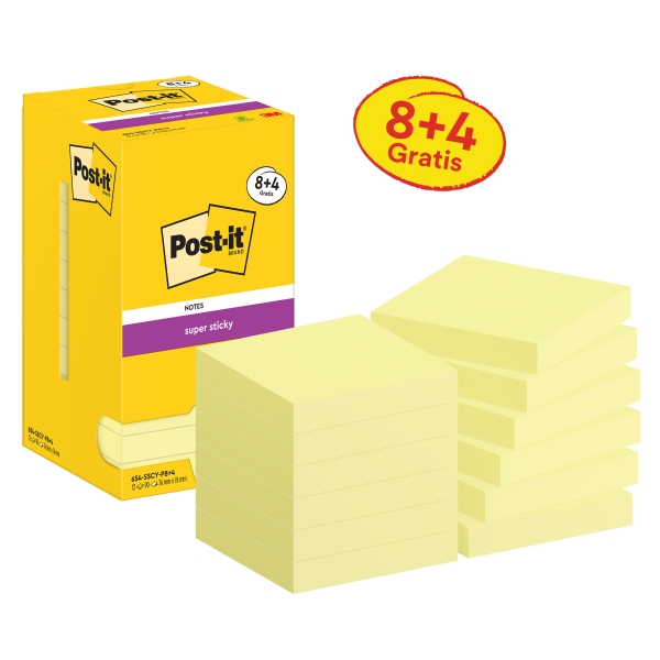 Post-It Super Sticky Pack de 12 Blocs de 90 Notas Adhesivas Reposicionables - 76x76mm - Promocion 8 Blocs + 4 Gratis - Color Amarillo Claro