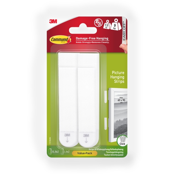 Command Pack de 24 Tiras Adhesivas para Objetos Pesados - 4 Pares L + 8 Pares XL - Soporta hasta 9kg - Color Blanco