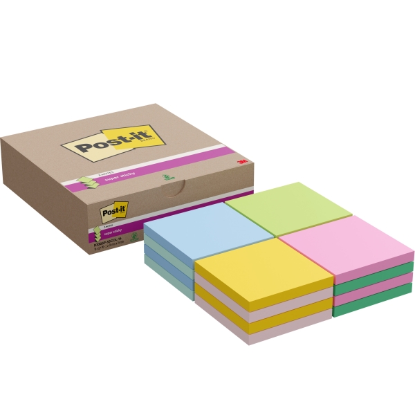 Post-It Super Sticky Pack de 16 Blocs de 90 Notas Adhesivas Reposicionables - Forma Cuadrada - 76x76mm - en Zig-Zag - Colores Surtidos