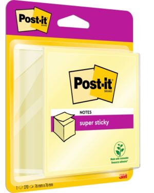 Post-It Super Sticky Cubo de 270 Notas Adhesivas Reposicionables - 76x76mm - 100% PEFC - Color Amarillo Claro