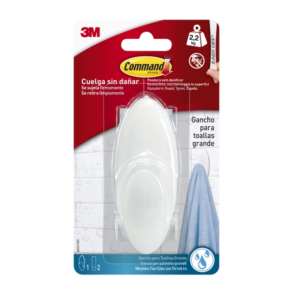 Command Gancho Grande para Toallas - Resistente al Agua - 1 Tira Adhesiva - Soporta hasta 2.2kg - Color Blanco