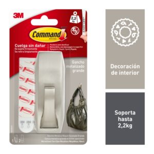 Command Gancho Metalico Grande - 2 Tiras Adhesivas - Soporta hasta 2.2kg - Estilo Moderno - Color Niquel Pulido