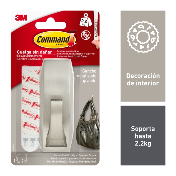 Command Gancho Metalico Grande - 2 Tiras Adhesivas - Soporta hasta 2.2kg - Estilo Moderno - Color Niquel Pulido