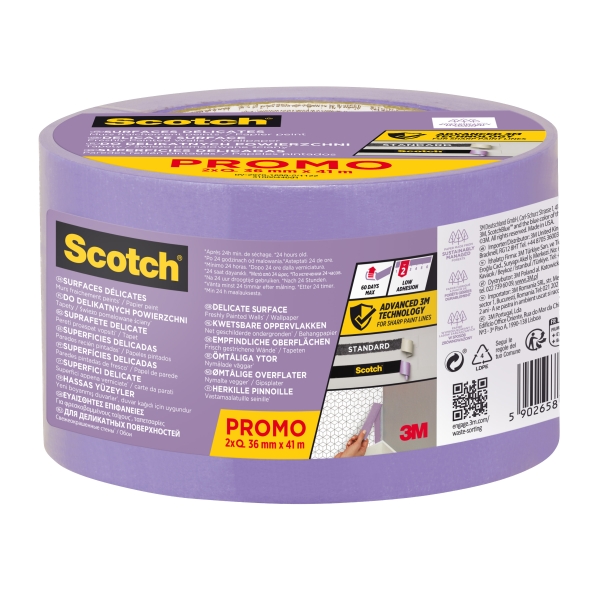 Scotchblue Pack de 2 Cintas de Enmascarar para Superficies Delicadas - 36mm x 41m - 100% PEFC - Color Morado