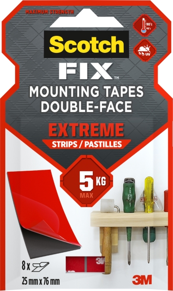 Scotch-Fix Pack de 8 Tiras de Montaje Extremo de Doble Cara - 25x76mm - Color Negro