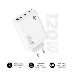 Subblim Cargador de Pared GaN 120W - 4 Puertos (3xUSB-C + 1xUSB-A) - Carga ultra rápida - Color Blanco