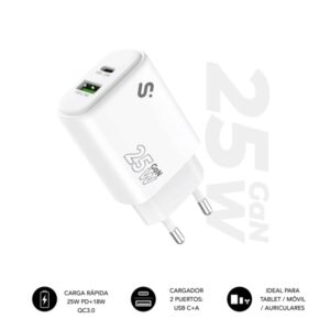 Subblim Cargador de Pared GaN 25W - USB-C + USB-A - Carga rápida - Color Blanco