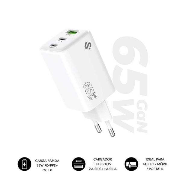 Subblim Cargador de Pared GaN 65W - 3 Puertos (2xUSB-C + 1xUSB-A) - Carga ultra rápida - Color Blanco
