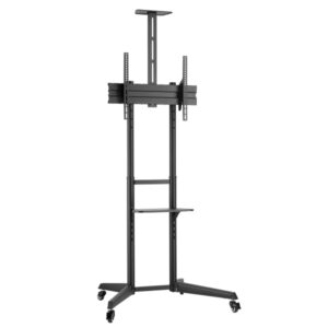 Ewent Soporte de Suelo para TV hasta 70" - Bandeja Auxiliar - Altura Ajustable - Gestion de Cables - VESA Maximo 600x400 - Peso Maximo 50kg - Ruedas con Bloqueo - 871x678x1966mm - Color Negro