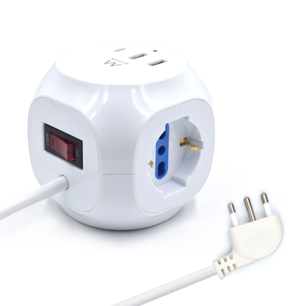 Ewent Regleta con 6 Tomas de Sobremesa en Forma de Cubo - 3 Tomas L/F (Schuko) - 2x USB-A - 1x USB-C - Enchufe Italiano Plano en Angulo - Interruptor On/Off - Cable de 1.5m - Color Blanco