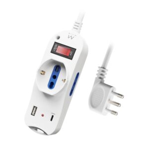 Ewent Regleta con 6 Tomas - 2 Tomas L + 1 Toma L/F (Schuko) - 1x USB-A - 1x USB-C - Enchufe Italiano Plano en Angulo - Interruptor On/Off - Cable de 1.5m - Color Blanco