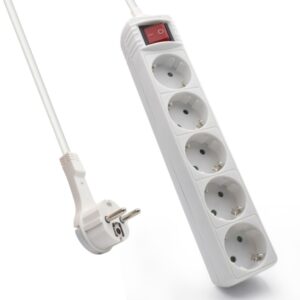 Ewent Regleta de 5 Tomas Schuko 16A - Proteccion Infantil - Interruptor On/Off - Cable de 1.5m - Enchufe Schuko Plano en Angulo - Interruptor On/Off - Color Blanco