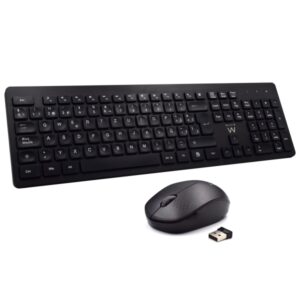 Ewent Pack Teclado + Raton Inalambricos - Receptor USB-A 2.4Hz - 1000dpi - Disposicion Portuguesa QWERTY PT - Incluye Pilas AA/AAA - Teclas Concavas - Color Negro