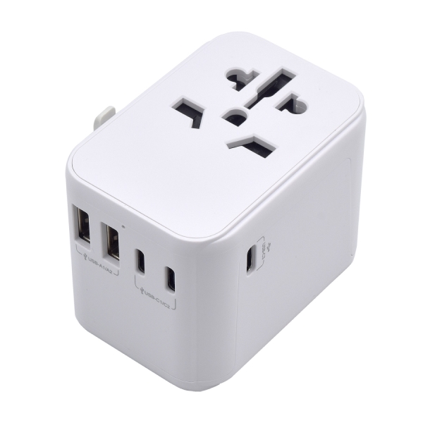 Ewent Adaptador de Viaje Universal - Conexiones para Europa (Schuko), USA, UK, Australia - 2xUSB-A - 3xUSB-C - Color Blanco