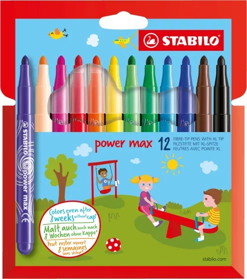 Stabilo Power Max Pack de 12 Rotuladores de Punta Gruesa - Trazo 3mm - Tinta Lavable - No se Seca - Colores Surtidos