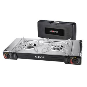 Muvip Cocina de Gas Portatil 2 Fuegos - Doble Bombona - Encendido Automatico - Quemador de Aluminio - Valvula de Doble Sellado - Proteccion Contra Sobretension - Maleta de Transporte