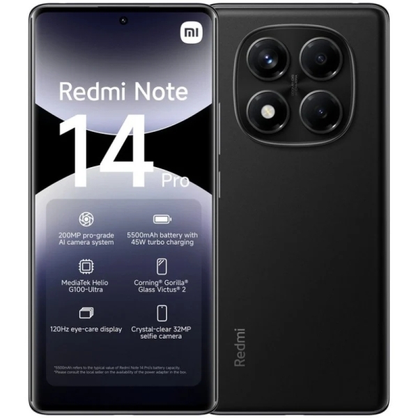 Xiaomi Redmi Note 14 PRO Smartphone Pantalla AMOLED 6.67" - 8GB - 256GB - Camara Principal 200MP - Bateria 5500mAh - HyperCharge 45W - Color Negro
