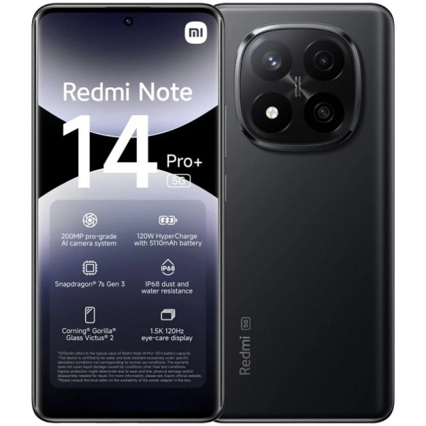 Xiaomi Redmi Note 14 Pro Plus 5G Smartphone Pantalla AMOLED 6.67" - 8GB - 256GB - Camara Principal 200MP - Bateria 5110mAh - Carga Rapida 120W - Color Negro