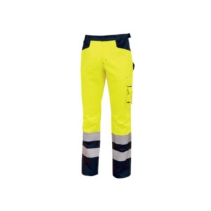 Upower Light Pantalon de Trabajo con Multiples Bolsillos - Talla 2XL - Eslinga para Martillo, Cintura Elastica, Rodillas Preformadas, Rayas Reflectantes, Triple Costura, Proteccion DPI2 - Color Amarillo Fluorescente