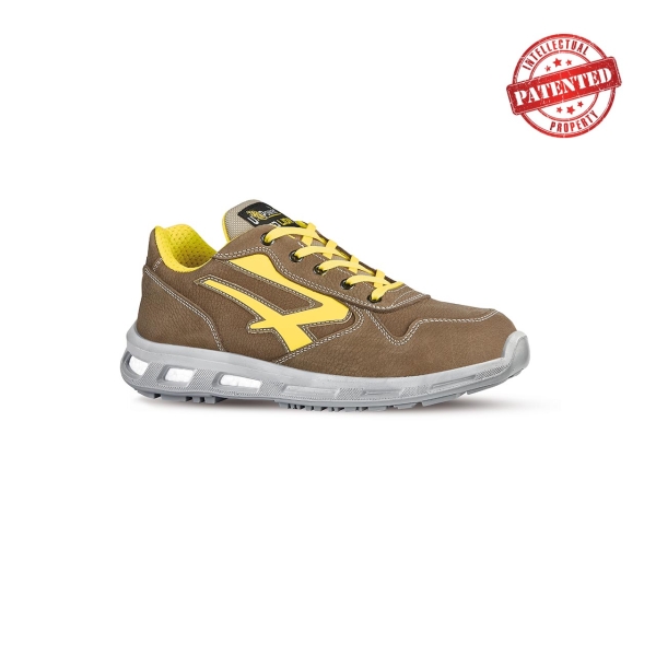 Upower Brave S ESD Calzado de Seguridad Bajos - Talla 35 - Cuero Nubuck Resistente, Puntera de Aluminio, Hidrofugos, Antiarrugas, Antideslizantes, Suela de Poliuretano, Proteccion S3S CI FO SR - Color Beige y Amarillo