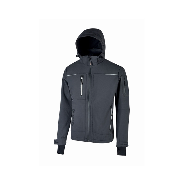 Upower Space Chaqueta Softshell - Talla 2XL - Membrana U-Tex, Impermeable y Transpirable, Forro Micropolar, Capucha Desmontable, Bolsillos Avanzados, Proteccion DPI1 - Color Gris Asfalto
